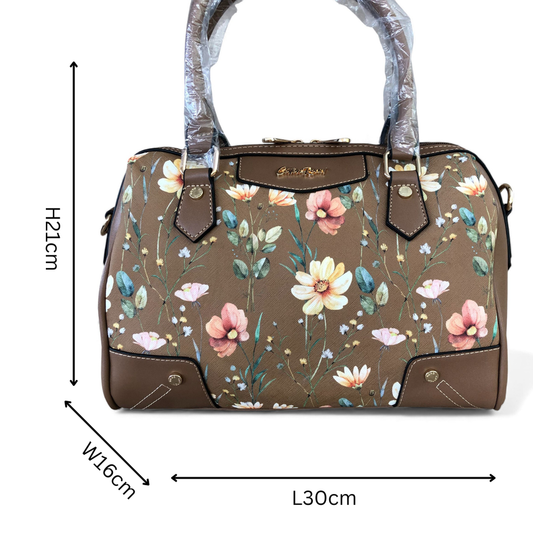 KHAKI Cotton Road PU Leather Barrel Handbag with FLORAL Panel