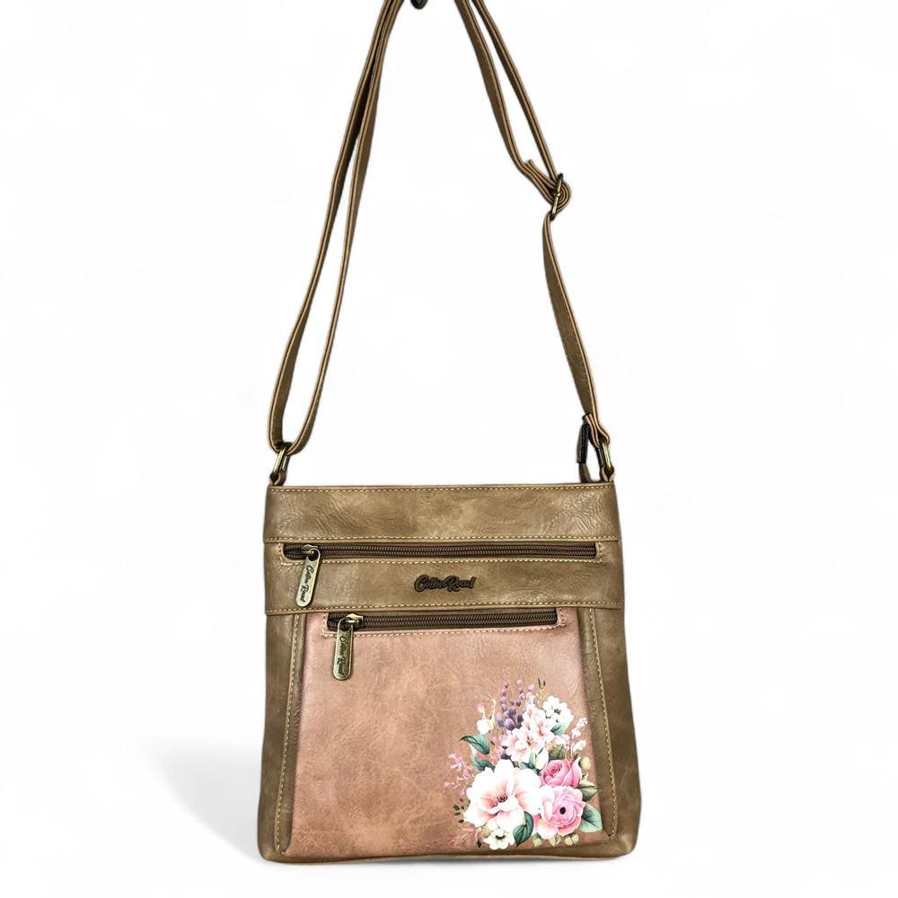KHAKI PU Leather Cotton Road Sling Bag with FLORAL detailing