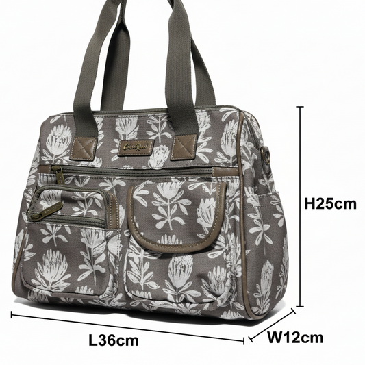 Cotton Road Handbag: KHAKI/BROWN Canvas with PU Leather Trim, TWIN POCKETS and PROTEA sized