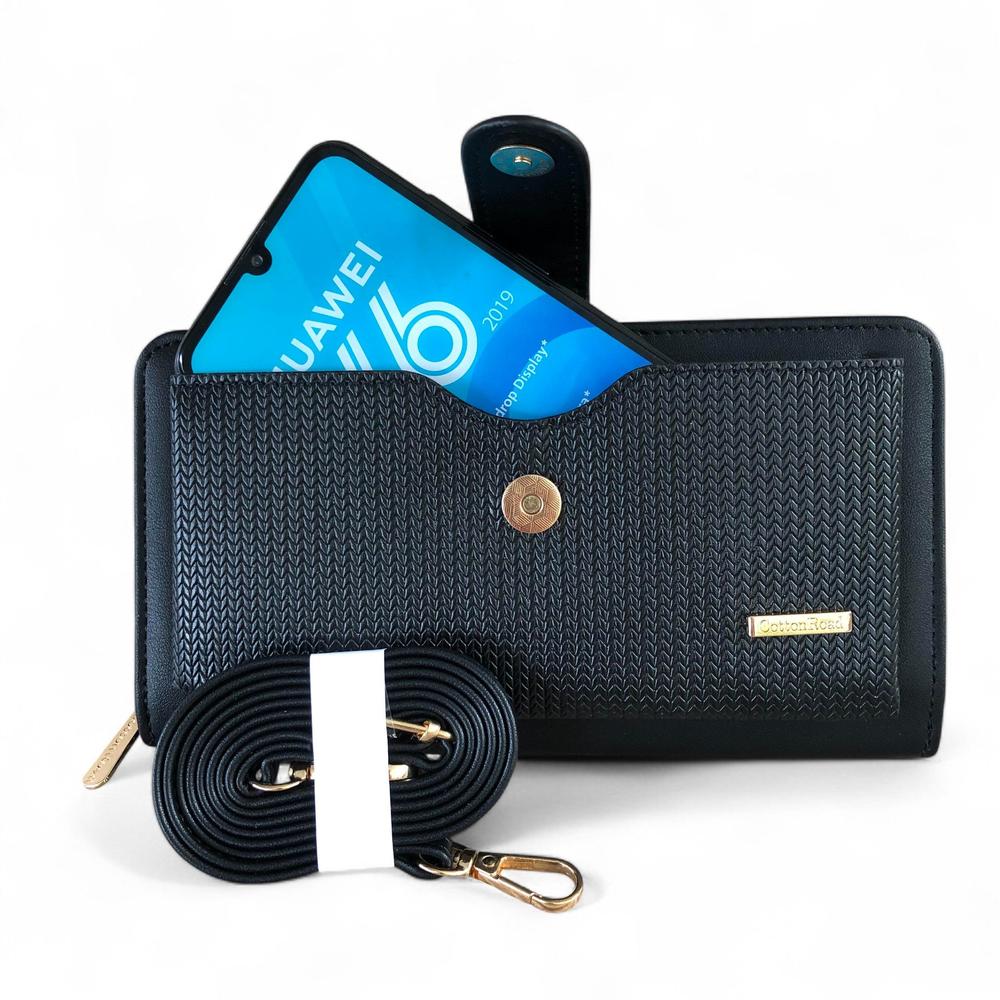 Large BLACK PU Leather Cotton Road Cellphone Sling Wallet with PATTERNED Pocket
