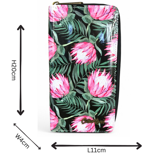 Large BLACK PVC Cotton Road Wallet with PROTEAS sizes