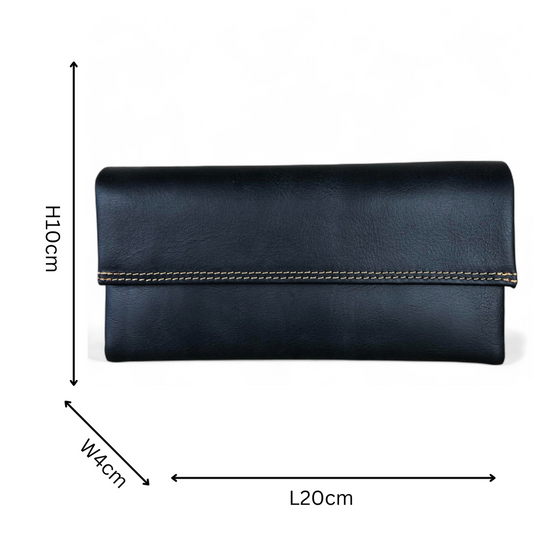 Large BLACK Tri-Fold VIVACE Genuine Leather Wallet with TOPSTITCH