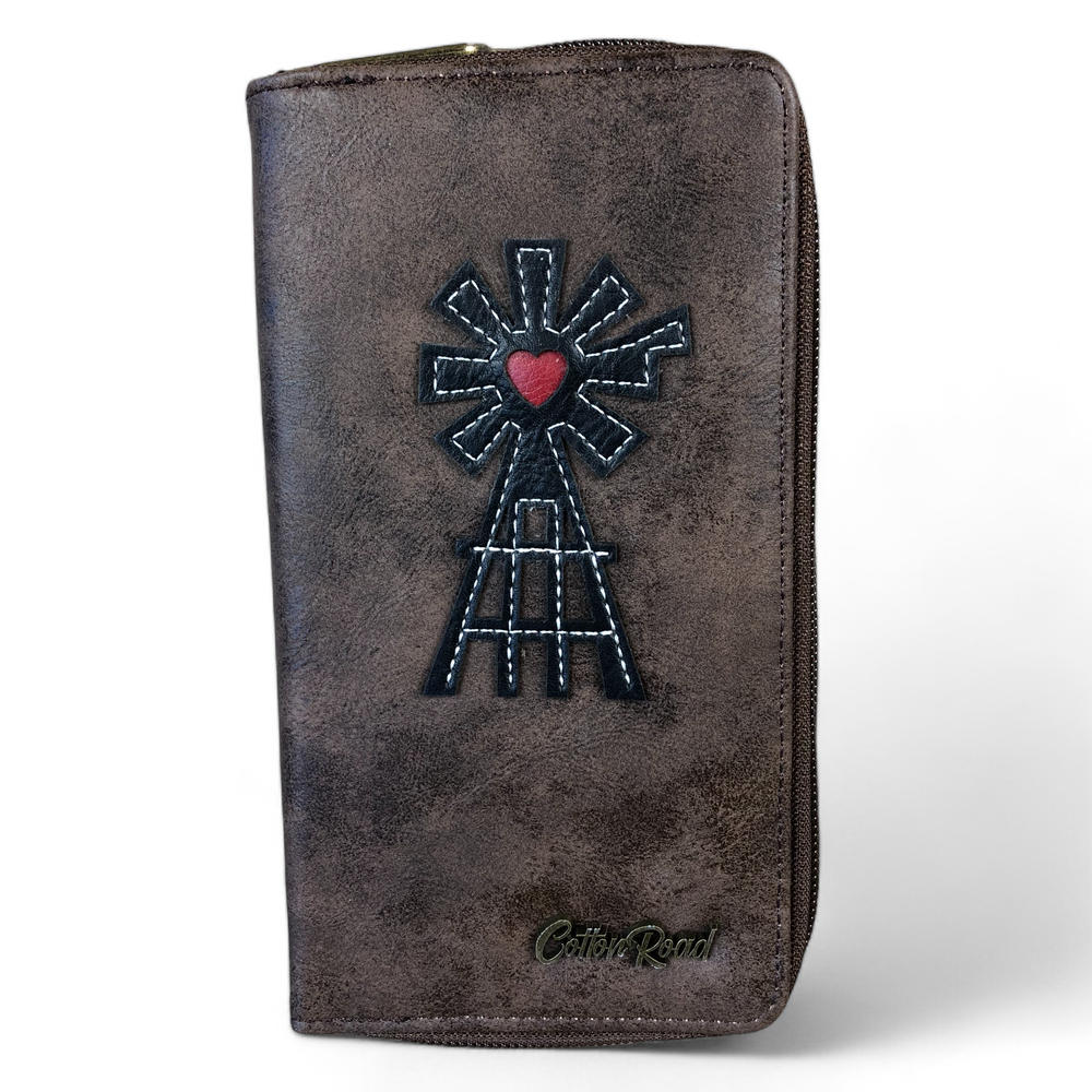 Large BROWN Cotton Road PU Leather Wallet with WINDMILL