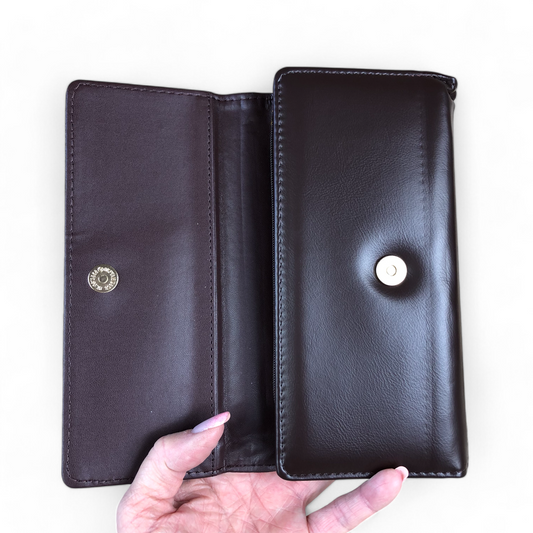 Large BROWN Tri-fold PU Leather Cotton Road Wallet with PATTERNED Panel