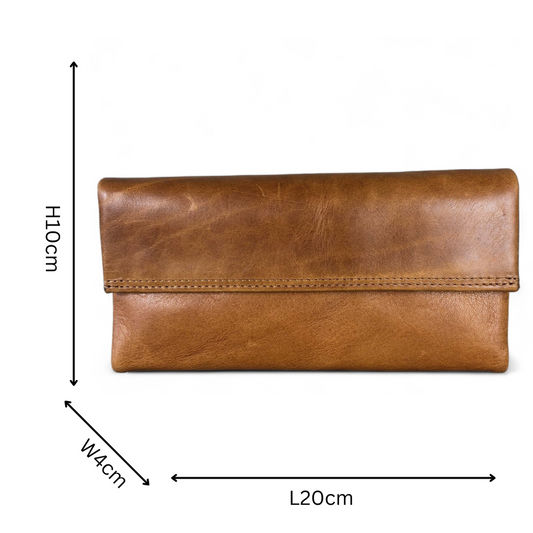 Large CAMEL BROWN Tri-Fold VIVACE Genuine Leather Wallet with TOPSTITCH