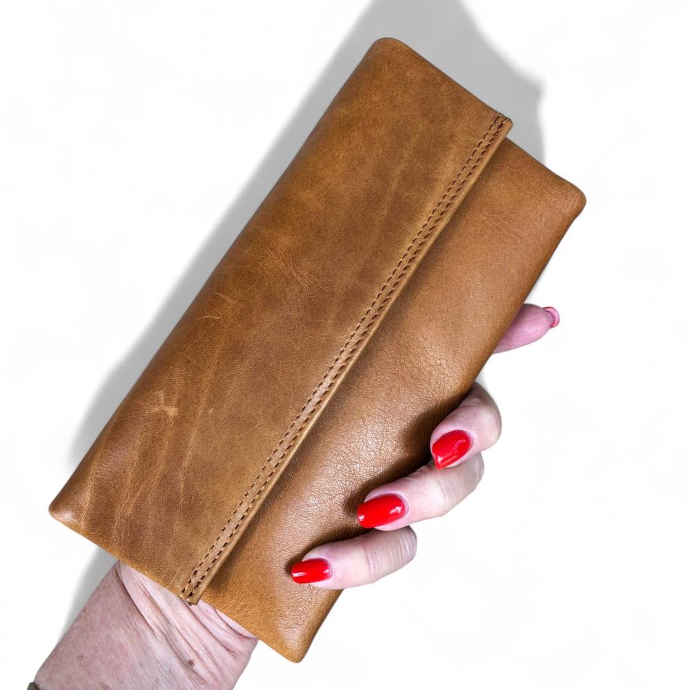 Large CAMEL BROWN Tri-Fold VIVACE Genuine Leather Wallet with TOPSTITCH