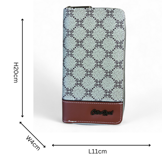 Large Printed KHAKI PU Leather Cotton Road Wallet with TAN Trim