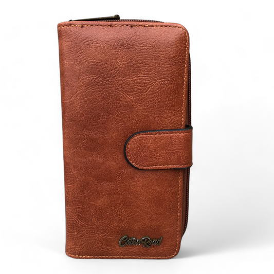 Large TAN BROWN Cotton Road PU Leather Wallet with Clip