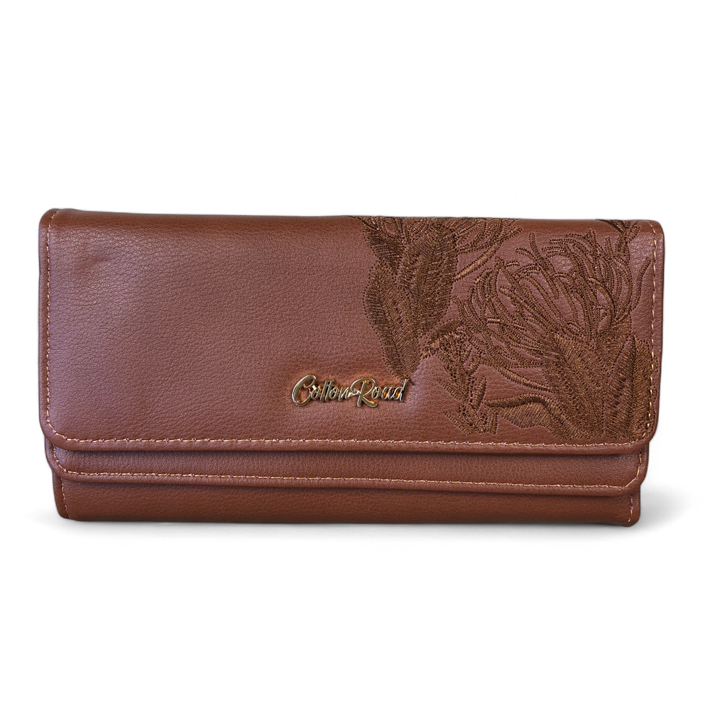 Large TAN PU Leather Cotton Road Wallet with EMBROIDED PROTEAS