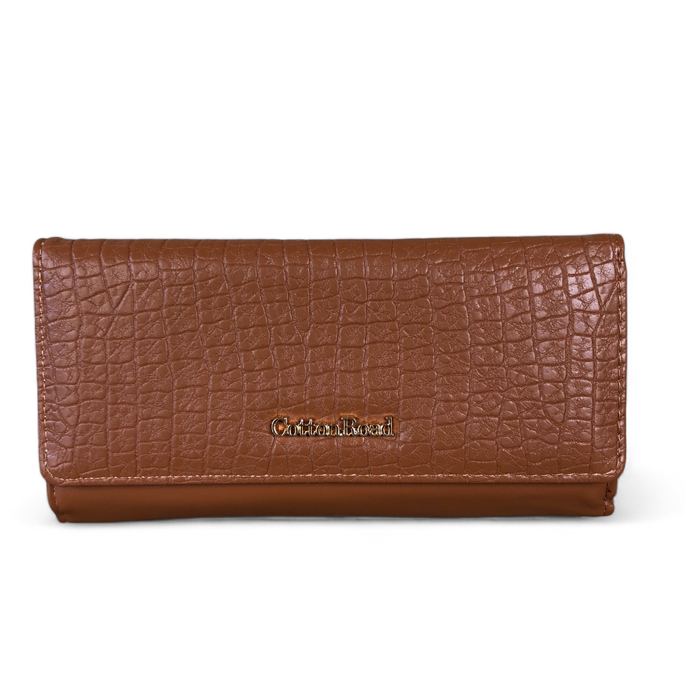 Large TAN Tri-fold PU Leather Cotton Road Wallet with PATTERNED Panel