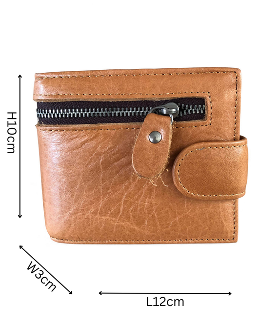 Leather Wallet: CAMEL VIVACE MENS Genuine Leather Wallet with Clip and Zip detailing