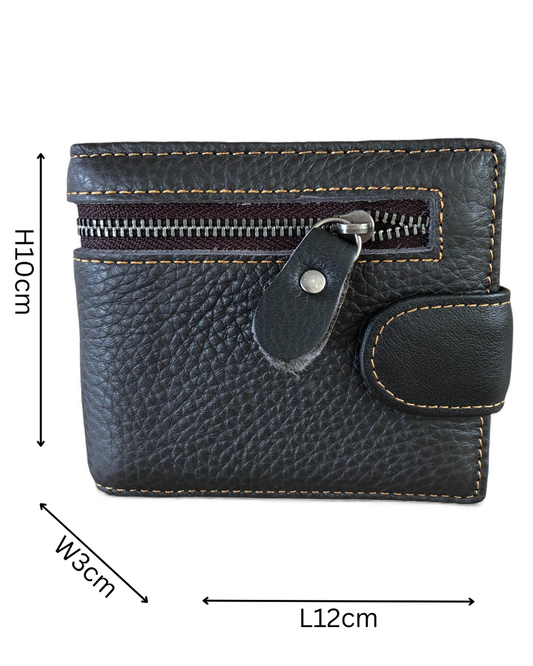 Leather Wallet: DARK BROWN VIVACE MENS Genuine Leather Wallet with Clip and Zip detailing