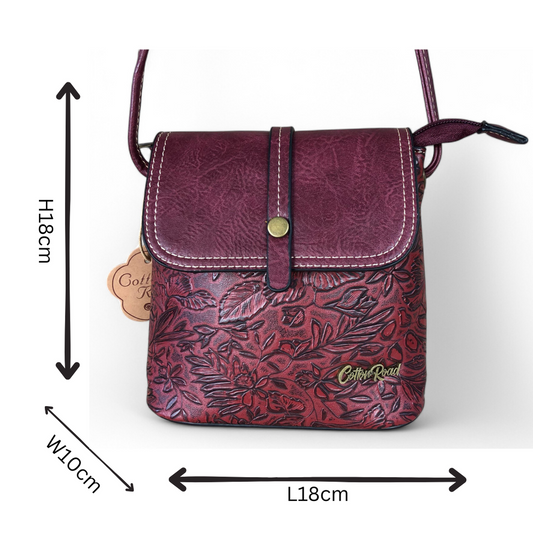 MAROON PU Leather Cotton Road Sling Bag with EMBOSSED FLOWERS