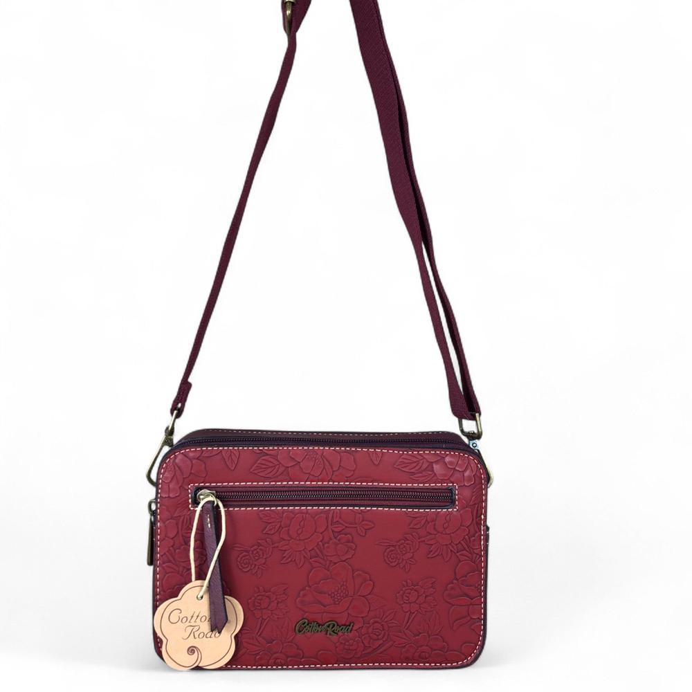MAROON RED PU Leather Cotton Road Sling Bag with EMBOSSED FLOWERS