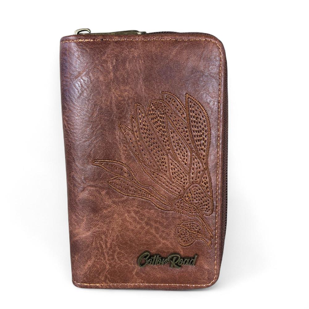 Medium BROWN Cotton Road PU Leather Wallet with EMBROIDERED PROTEA