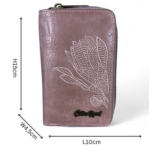Medium PINK Cotton Road PU Leather Wallet with EMBROIDERED PROTEA