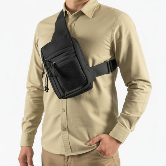 Person wearing a black sling bag over a KHAKI shirt on a white background We Sell Bags South Africa