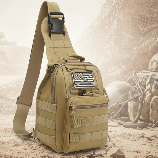 Durable Military style tactical sling bag with multiple VIEWS in KHAKI oxford fabric IN MILITARY background.