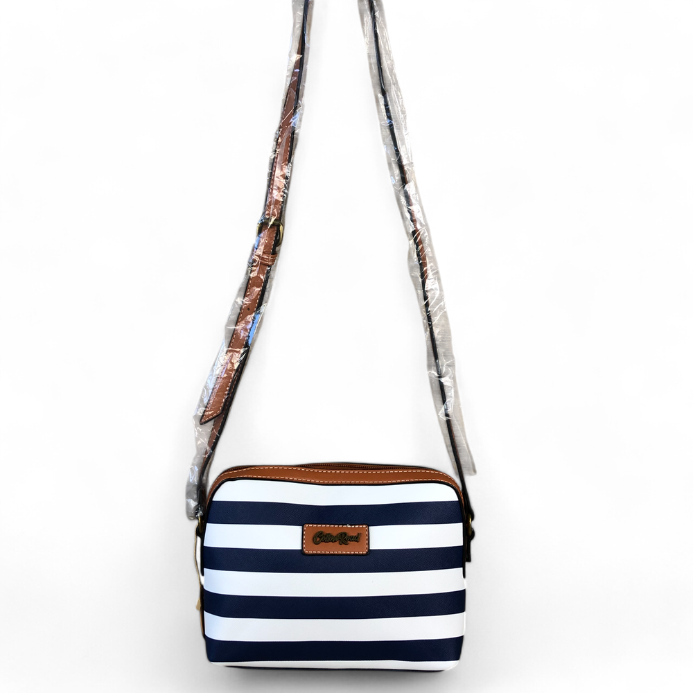 NAVY and WHITE Striped PVC Cotton Road Sling Bag with TAN Trim