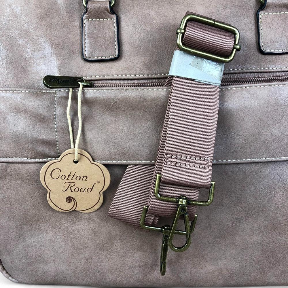 Pink Cotton Road PU leather laptop bag with twin handles, adjustable shoulder strap, and multiple zippered compartments