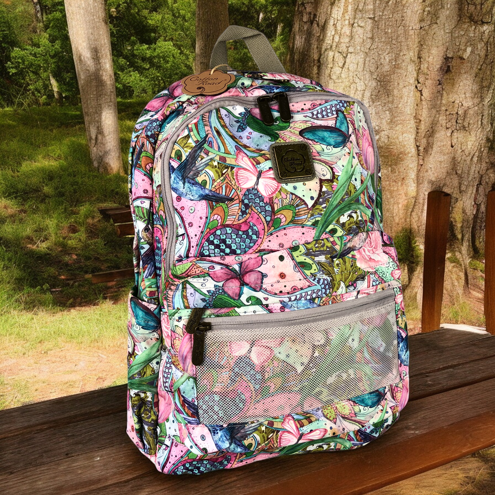 PINK FLORAL Canvas Cotton Road Backpack with BUTTERFLIES