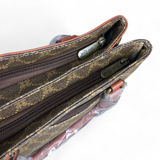 Printed BROWN PU Leather Cotton Road Handbag with TAN Trim