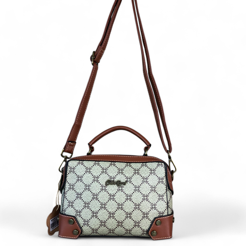 Printed KHAKI Cotton Road PU Leather Sling Bag with TAN Trim