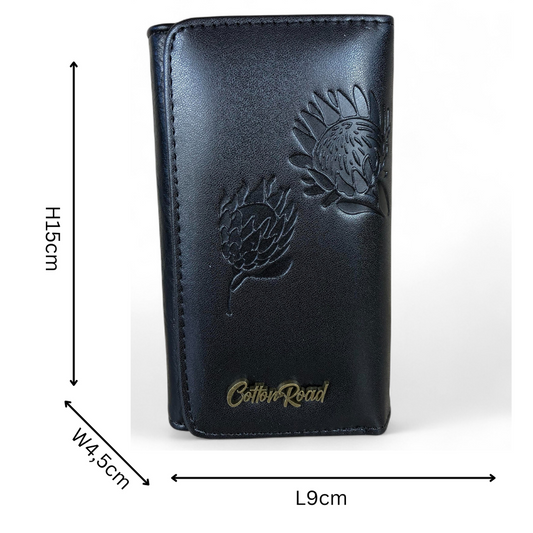 Small BLACK Tri-fold Cotton Road PU Leather Wallet with PROTEA Print