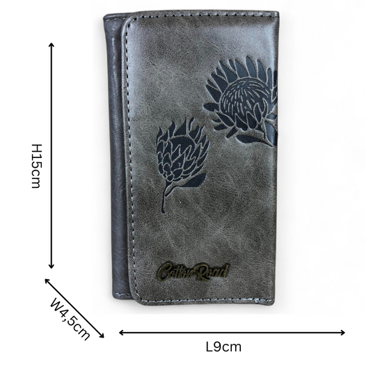 Small GREY Tri-fold Cotton Road PU Leather Wallet with PROTEA Print