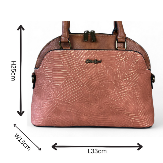 TAN BROWN Cotton Road PU Leather Handbag with Printed Panel