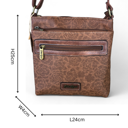 TAN BROWN FLORAL Printed PU Leather Cotton Road Sling Bag