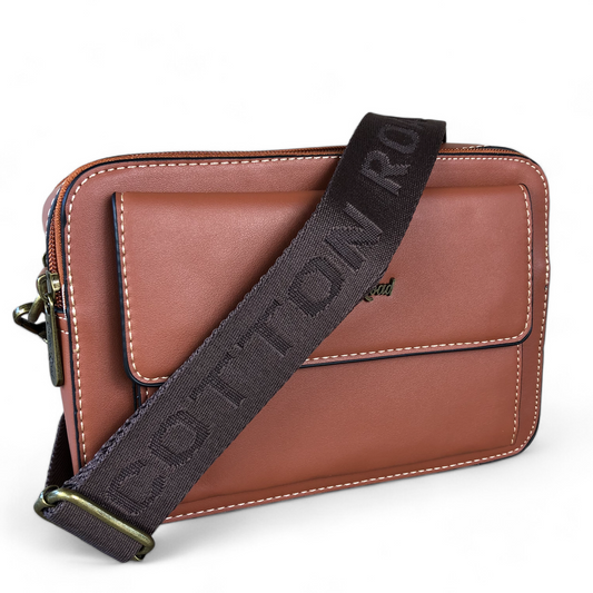 TAN BROWN PU Leather Cotton Road Sling Bag with BRANDED STRAP