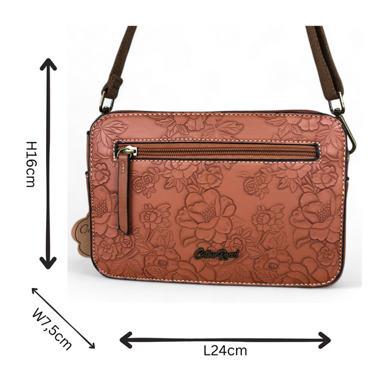 TAN BROWN PU Leather Cotton Road Sling Bag with EMBOSSED FLOWERS