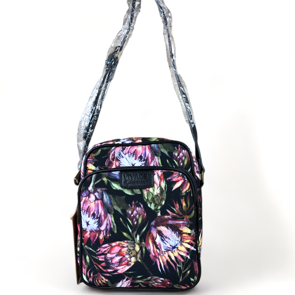 VIVACE BLACK Canvas Sling Bag with BLACK TRIM and PROTEAS