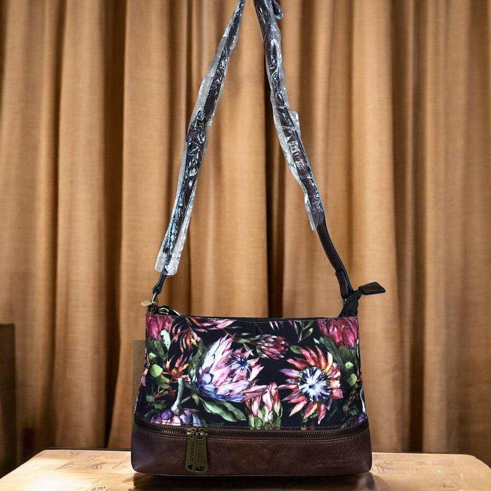 VIVACE Sling Bag: BLACK Canvas with PROTEA Print and BROWN PU Leather TRIM