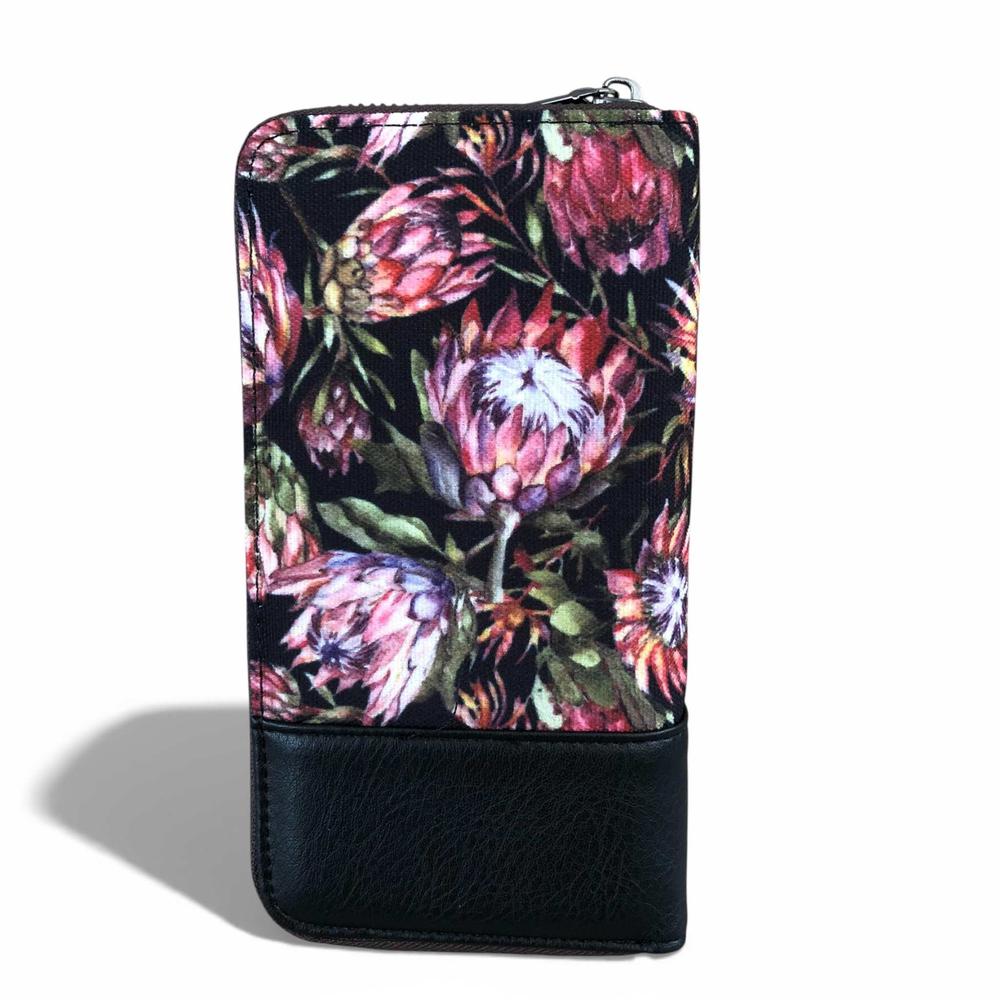 VIVACE Wallet: Large Black Canvas with Protea Design & Black PU Trim