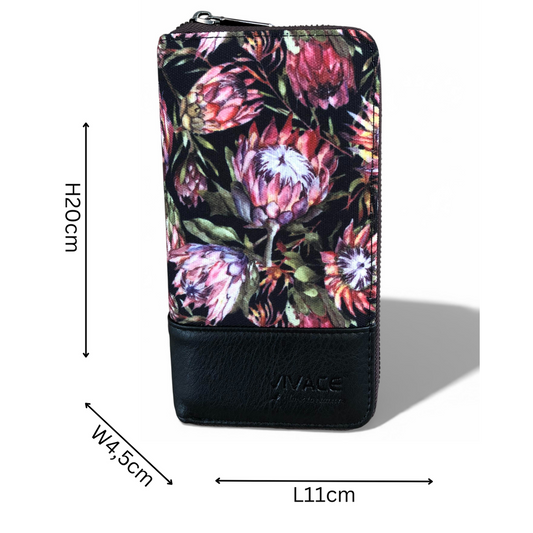 VIVACE Wallet: Large Black Canvas with Protea Design & Black PU Trim