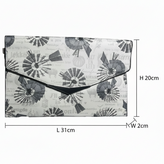 VIVACE CLUTCH BAG: WHITE FAUX Leather SLING BAG with GREY WINDMILL Print SIZE
