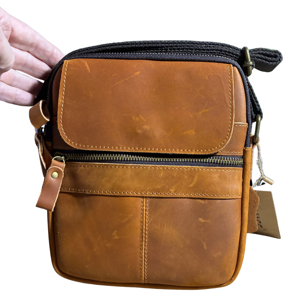VIVACE SLING BAG: BROWN GENUINE Leather Messenger Bag FRONT VIEW