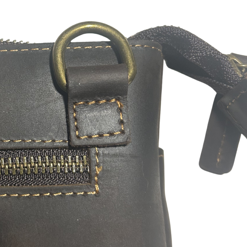 VIVACE SLING BAG: DARK COFFEE GENUINE LEATHER SMALL MESSENGER BAG DETAIL