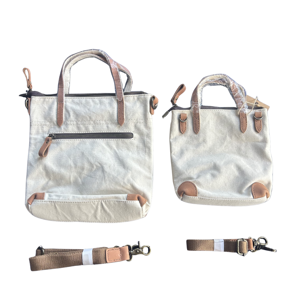 VIVACE SLING BAG: MINI AND MAXI WHITE CANVAS with Genuine LEATHER Trim BAGS