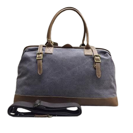 VIVACE TRAVEL BAG: CHARCOAL CANVAS AND LEATHER OVERNIGHT BAG OPEN FRONT WITH SLING