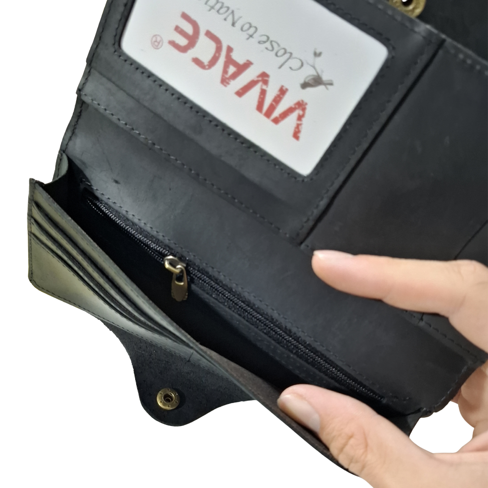 VIVACE WALLET: BLACK LARGE GENUINE LEATHER WALLET WITH CLIP NOTE POCKET