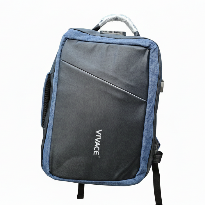 Vivace Travel Backpack: BLUE Canvas BRANDED Laptop Backpack with USB and combination LOCK