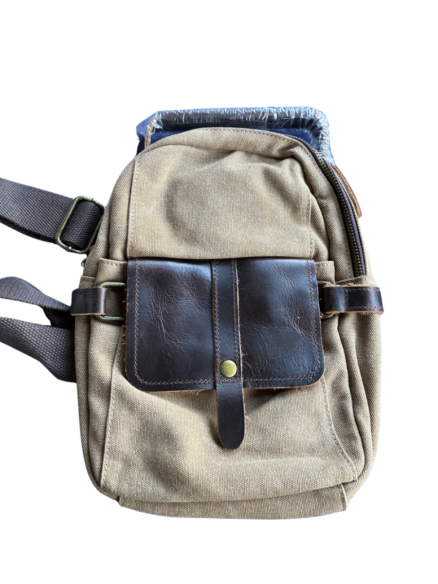 Vivace Cross Body Bag: Vintage BROWN Canvas with Genuine Leather Trim front view strap attachment