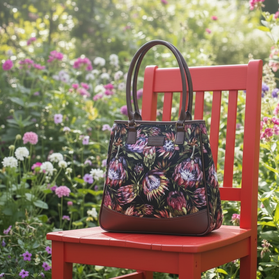 Vivace Handbag: Chocolate Brown Protea Canvas bag with Brown PU Leather Trim LIFESTYLE