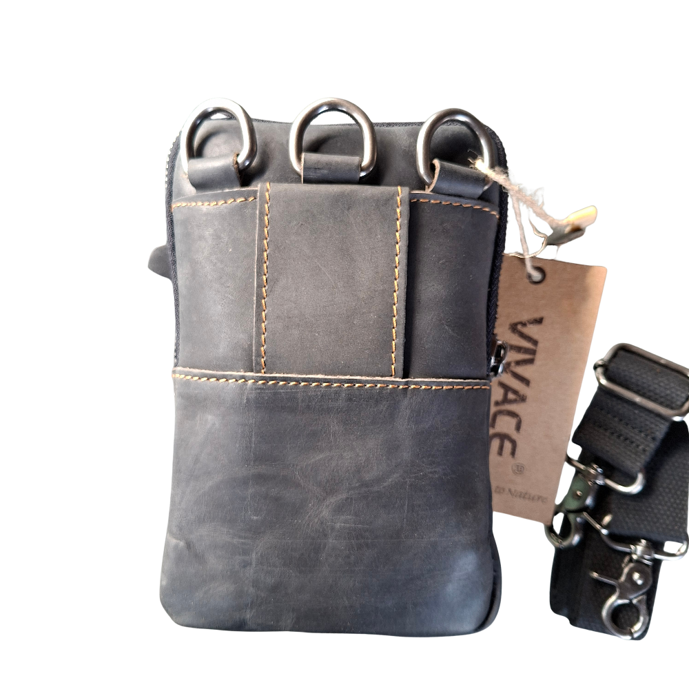 Vivace Mini Sling Bag: BLACK Genuine Leather Compact Crossbody with Adjustable Strap BACK