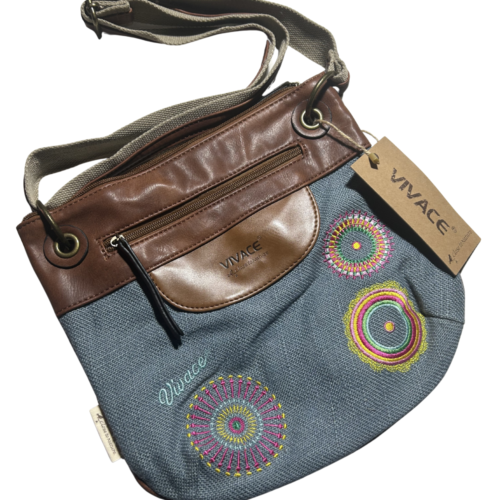 Vivace Sling Bag: BLUE Hessian and Leather bag and Embroidery STYLE