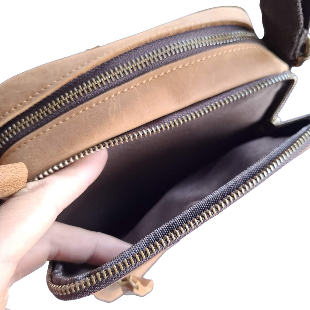 Vivace Sling Bag: TAN BROWN Genuine Leather with Adjustable Strap TOP POCKET OPEN