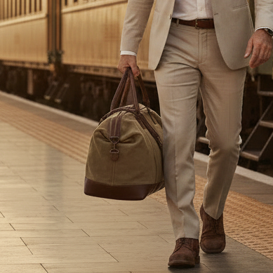 Vivace Travel Bag: KHAKI CANVAS and LEATHER Overnight Bag LIFESTYLE